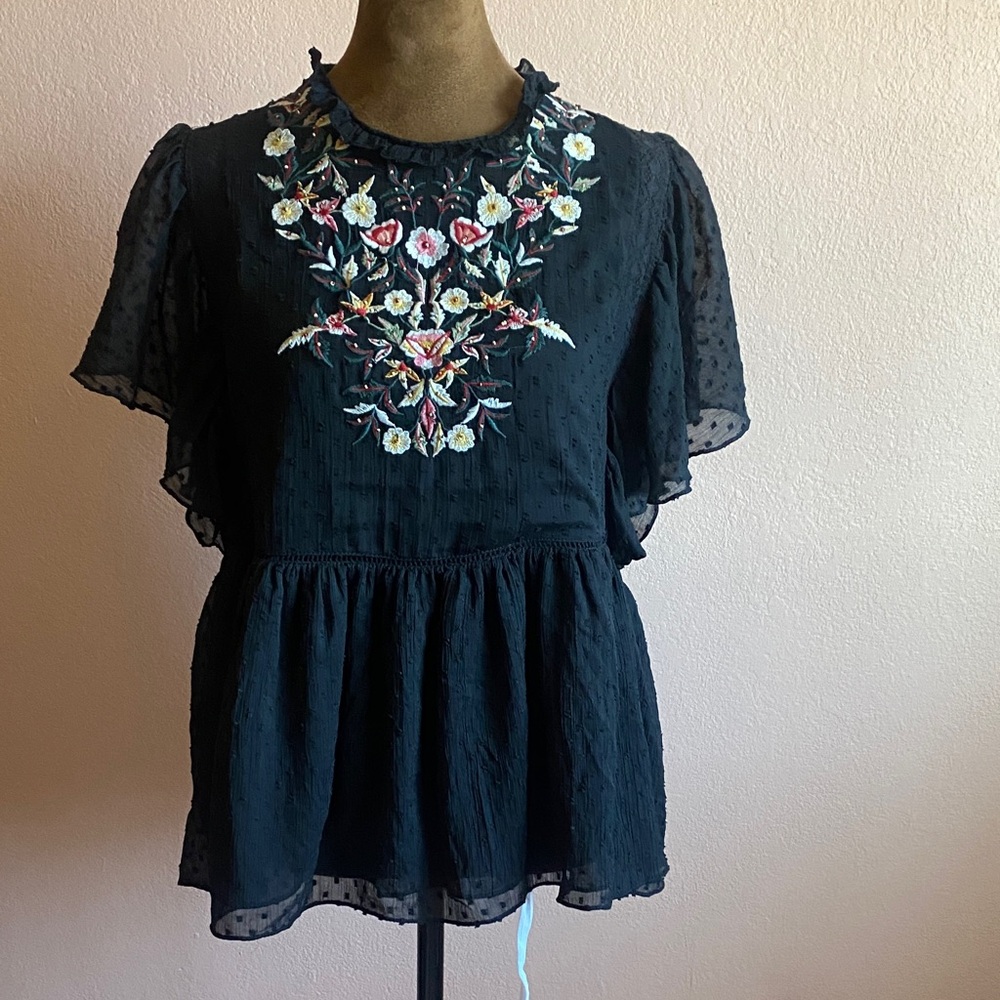 Zara Black Blouse with Floral Embroidery